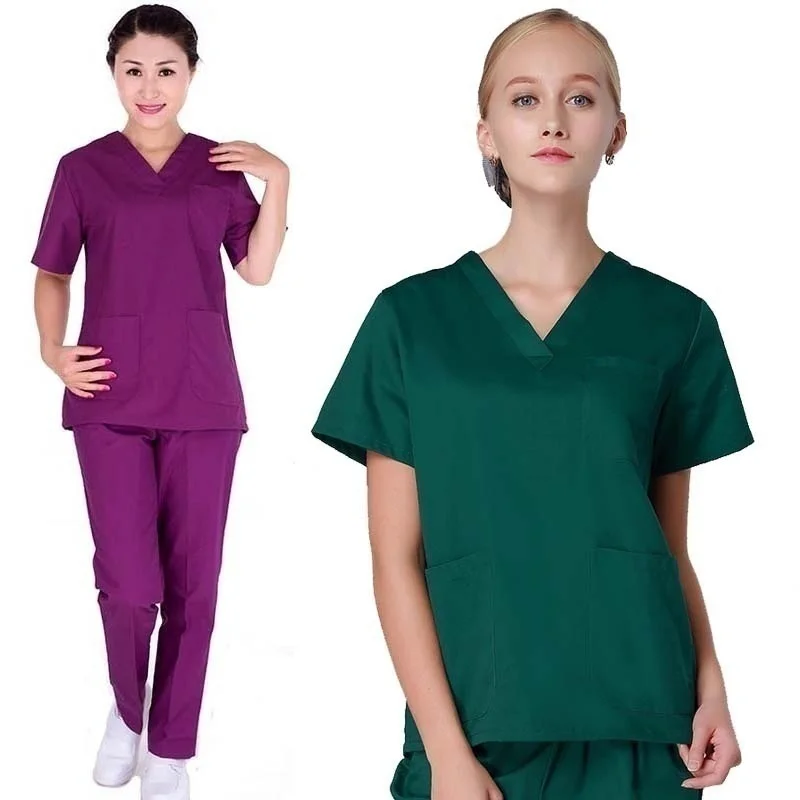 Women's Fashion Scrub Set Nursing Scrubs V-neck Top with Side Vent + Elastic Waistline Pants Medical Uniforms Cotton Surgery |