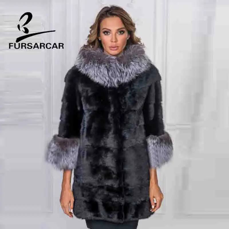FURSARCAR 2020 Новое модное пальто из натурального меха норки с воротником серебряной