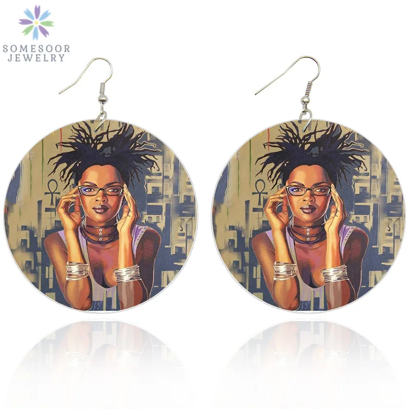

SOMESOOR Both Sides Printing Educated Glasses Afro Woman Wooden Drop Earrings African Natural Hair Painted Wood Jewelry Gifts