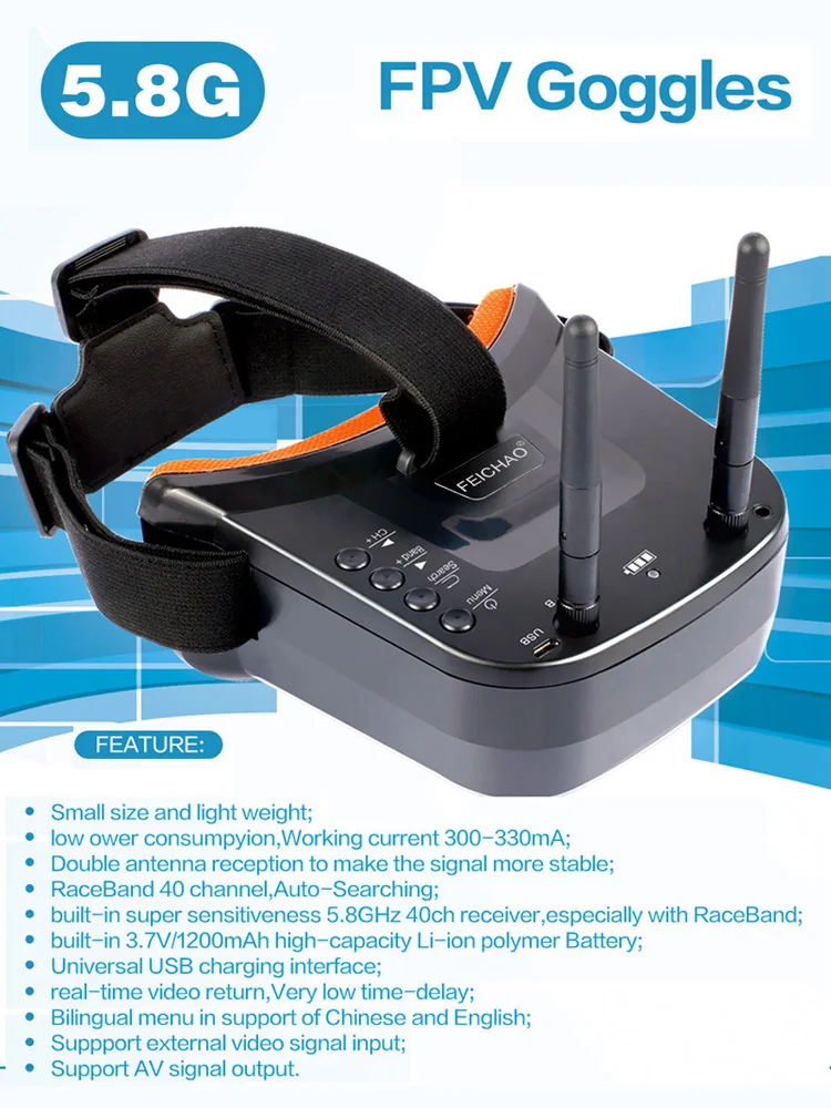 

JMT Mini FPV очки, 3 дюйма, 480x320 дисплей, двойная антенна, 5,8G, 40 каналов, 3,7 В, 1200 мАч, батарея, FPV система для режима RC Drone