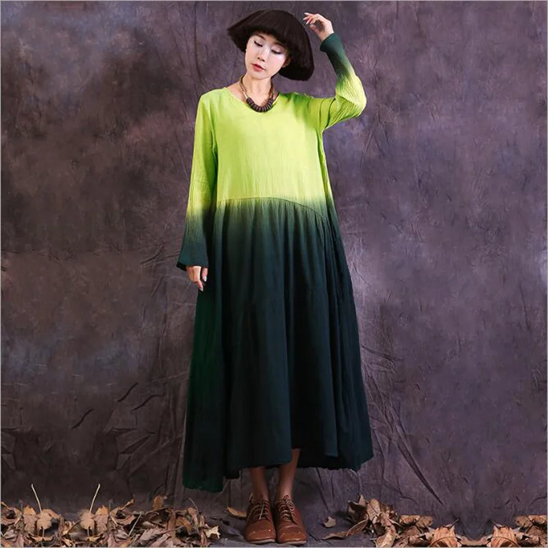 

Women Autumn Dresses Patchwork Color Long Sleeve Cotton Linen O Neck Loose Size Vintage Oversize Dress Casual style