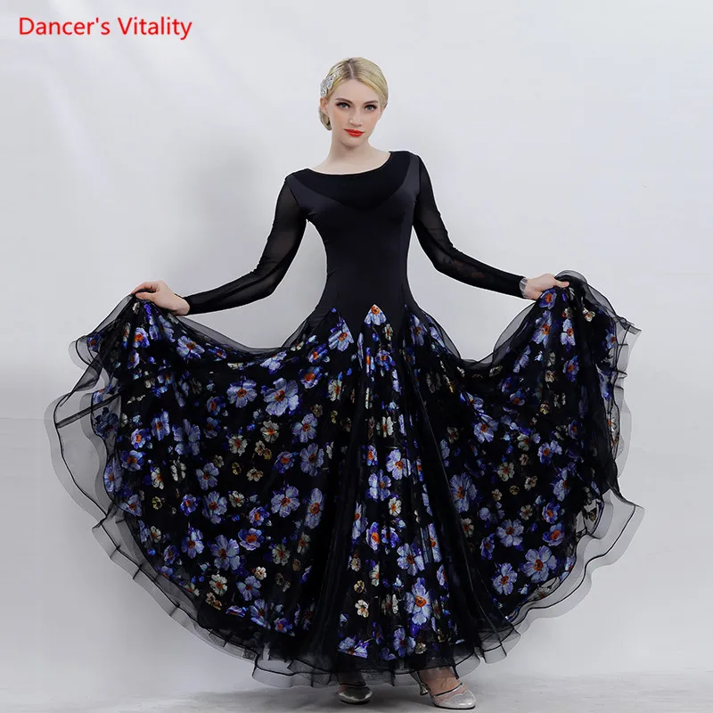 

2019 Custom Adult Ballroom Dance Dress Long Sleeved Print Big Swing Dresses Women Latin Ballroom Waltz Dance Performance Costume