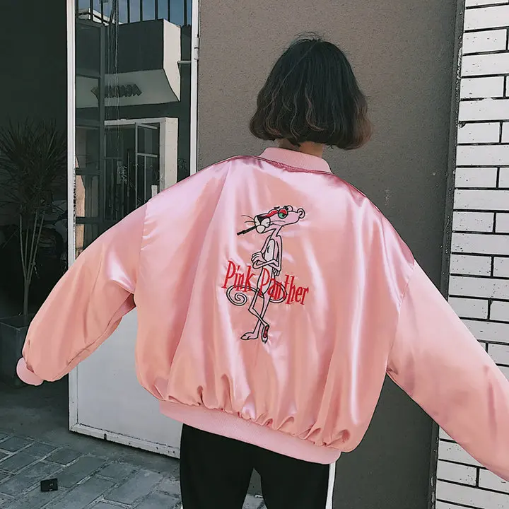 Весенние Новые корейские модные женские уличные куртки женские осенние Harajuku девушка розовая пантера мультфильм Вышивка атласная бейсбольная куртка
