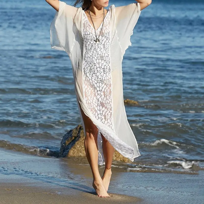 Летнее шифоновое кружевное пляжное платье для женщин большие размеры