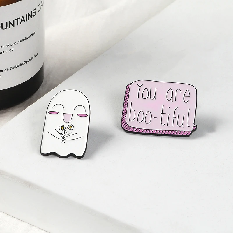 

Pink Cartoon phrase 'You are boo-tiful' Denim Lapel Enamel pins white mini ghost Badges Brooches Gift Jewelry for Women Children