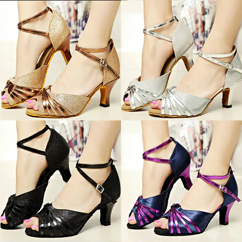 Обувь для бальных танцев девушек из искусственной кожи с блестками латинских