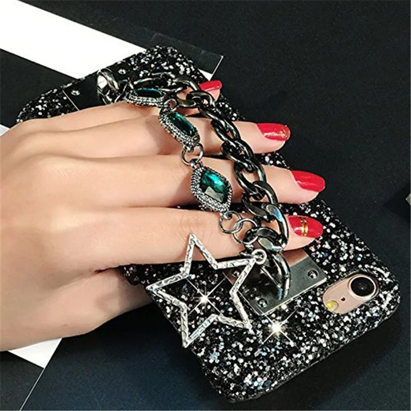 1 шт. Bling чехол для iphone 6 6s 7 8 8 плюс драгоценный металл цепи держатель горный хрусталь кристаллы лисий мех мяч чехол для телефона для iphone X