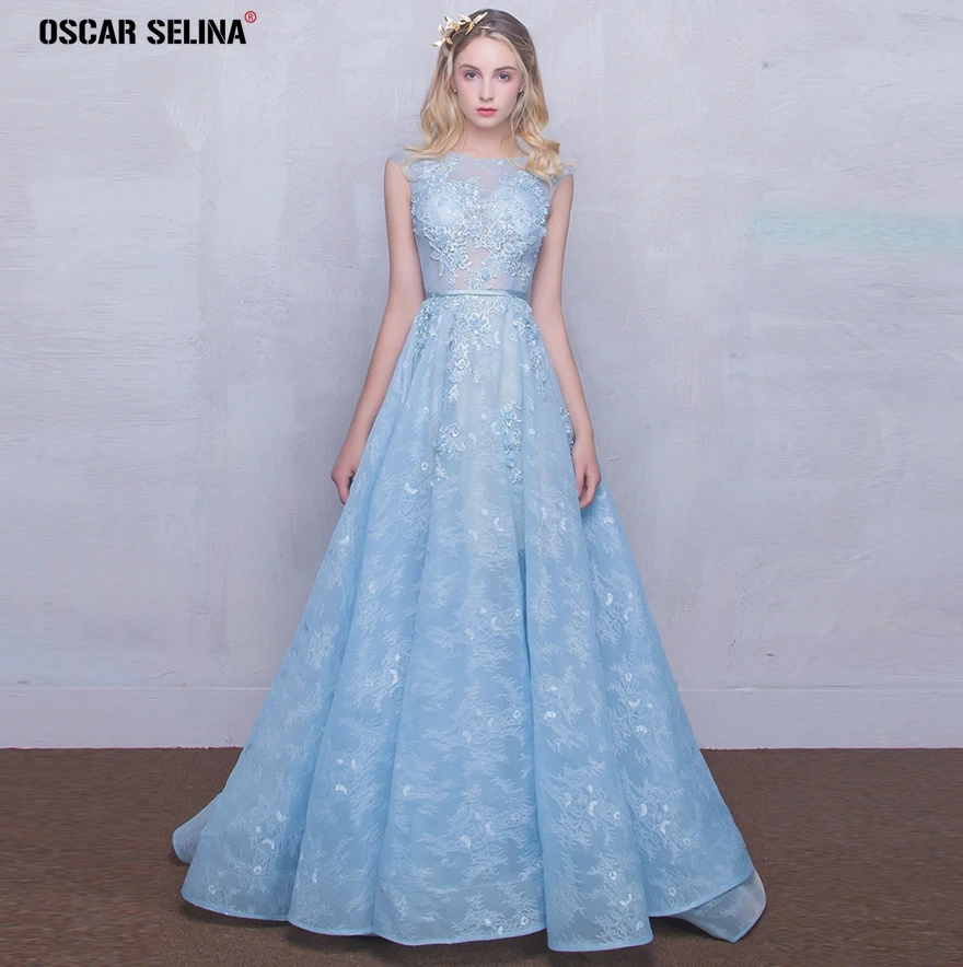 Vestidos de dama honor mujer2019 Новый Кружевная аппликация из бисера линии Небесно голубой