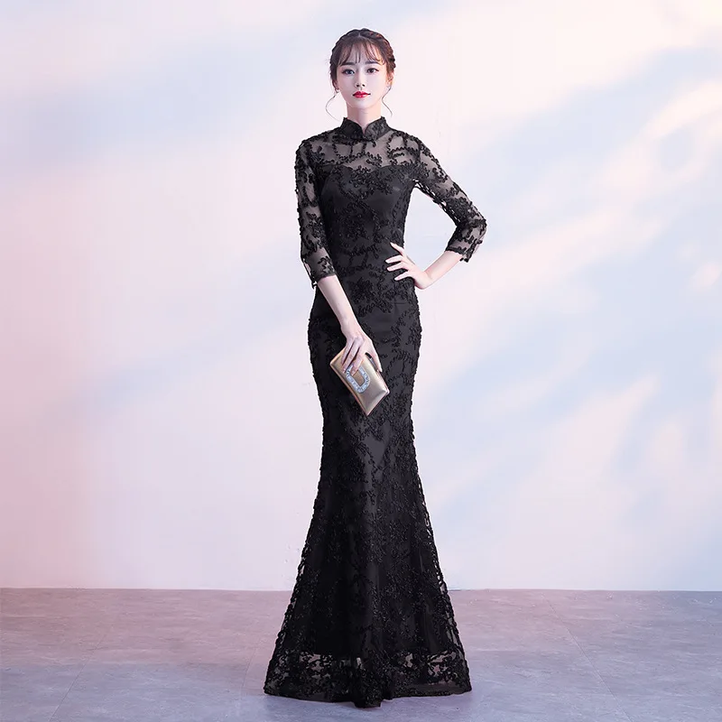 2018 черное китайское свадебное платье женское с длинным рукавом Cheongsam тонкое