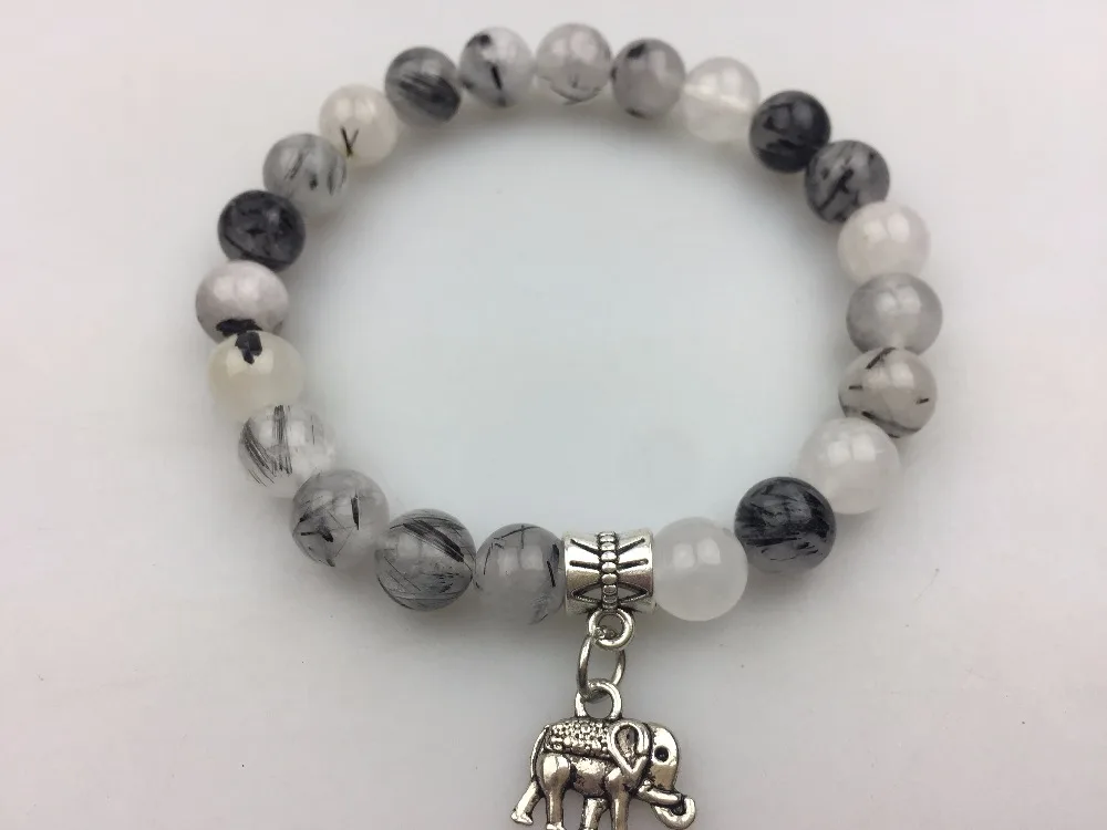 Круглый браслет из бисера натуральный камень 8 мм Rutilated Кварцевый Слон подвеска