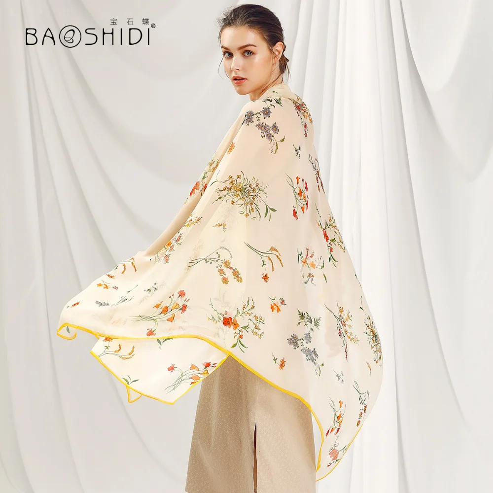 Женский шарф BAOSHIDI из 100% шелка модные длинные шелковые шарфы шифона большой