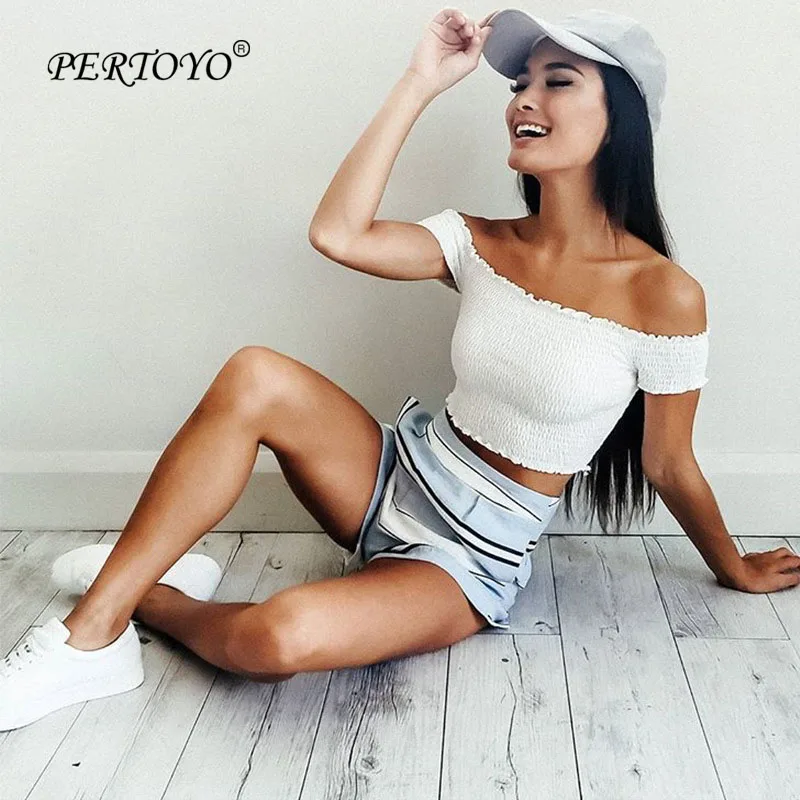 PERTOYO Off Shoulder Sexy Crop Top Women Slash Neck Short Sleeve Backless T-Shirt Cotton Slim Casual Tops For | Женская одежда
