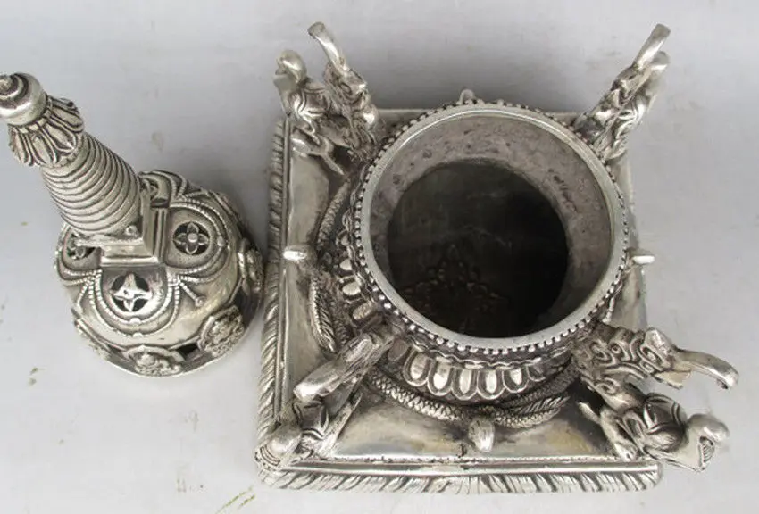 Старая тибетская Серебряная Будда слон пагода статуя ступы| |