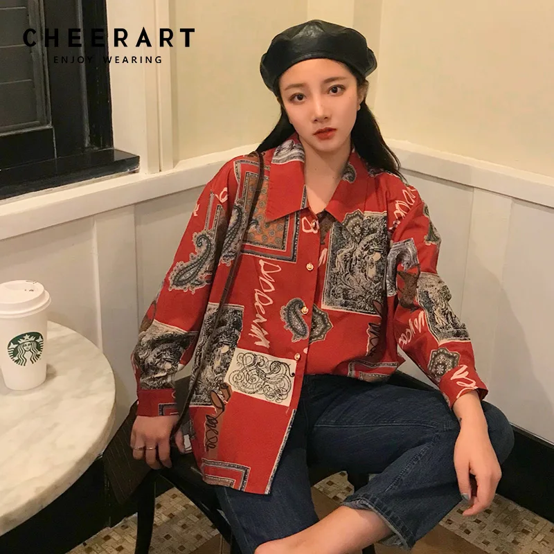 Женская винтажная блузка Cheerart красная рубашка с длинным рукавом и принтом