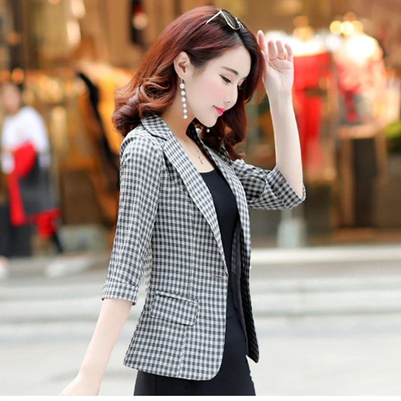 Женский блейзер весенний женский клетчатый костюм с рукавами в семь точек