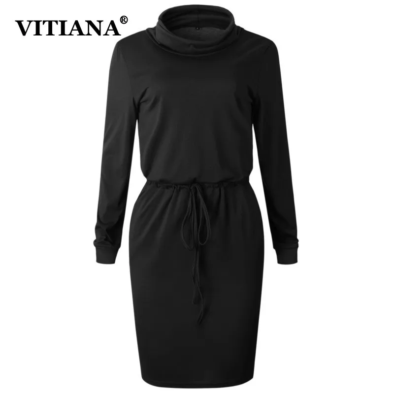 VITIANA Women Pencil Dress Female Autumn Solid Black Long Sleeve Knee-length Elegant Belt Loose Casual Office Work Dresses | Женская