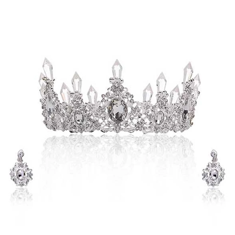 Crown and Earrings Свадебные Ювелирные наборы корона ожерелье серьги серебро Диадема из хрусталя и жемчуга день рождения Аксессуары для волос невесты Женщины - Окраска металла: Crown and Earrings