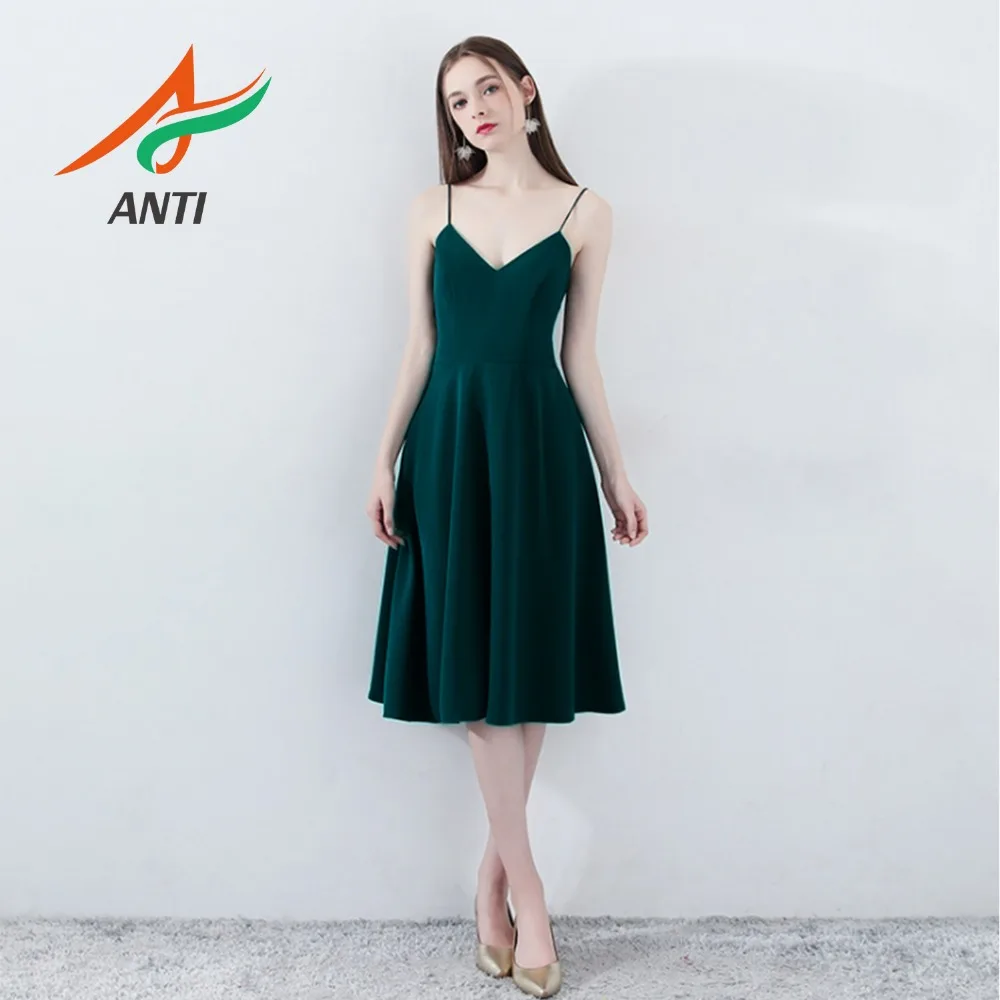 

ANTI Fast Shipping Dark Green A-Line Satin Graduation Dresses 2019 Sexy V-Neck Backless Zipper Back With Bow Sashes Short Dress