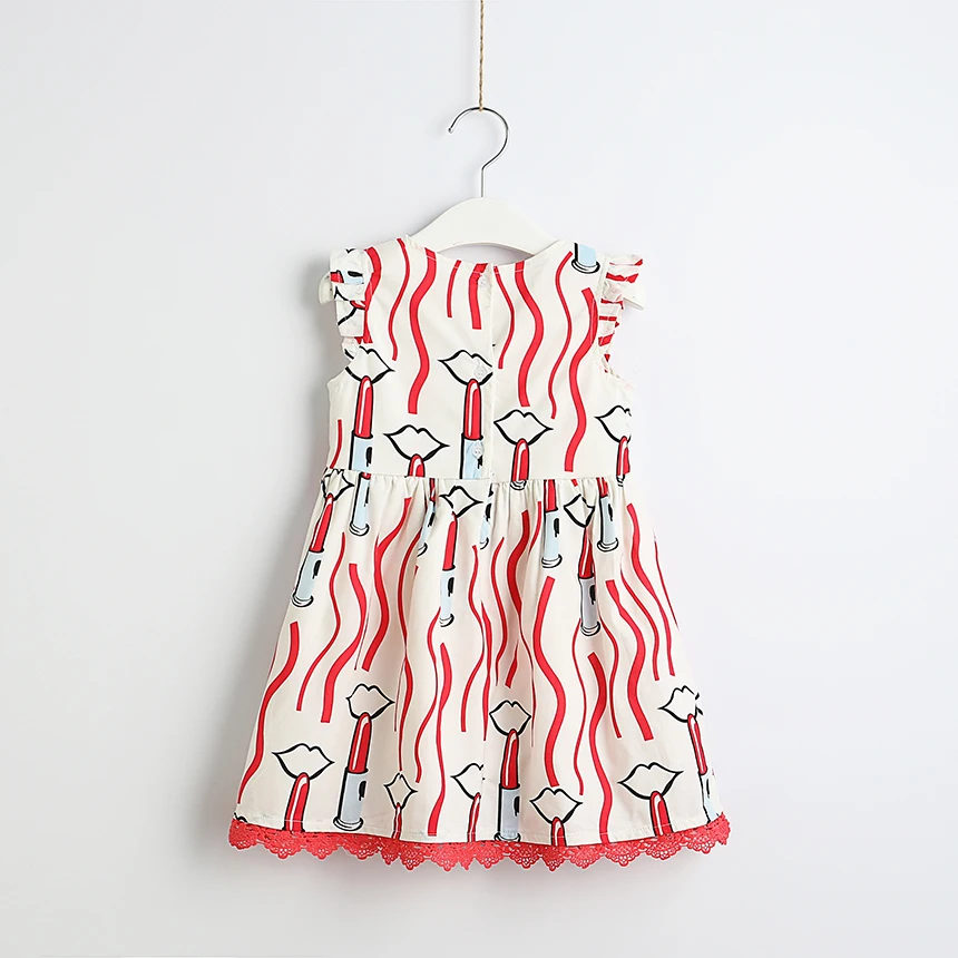 Little Girl Cotton Summer Dress Red Lips Pattern Print Wholesale Lots Bulk Clothes Fashion Lace Party Flare Sleeve | Детская одежда и