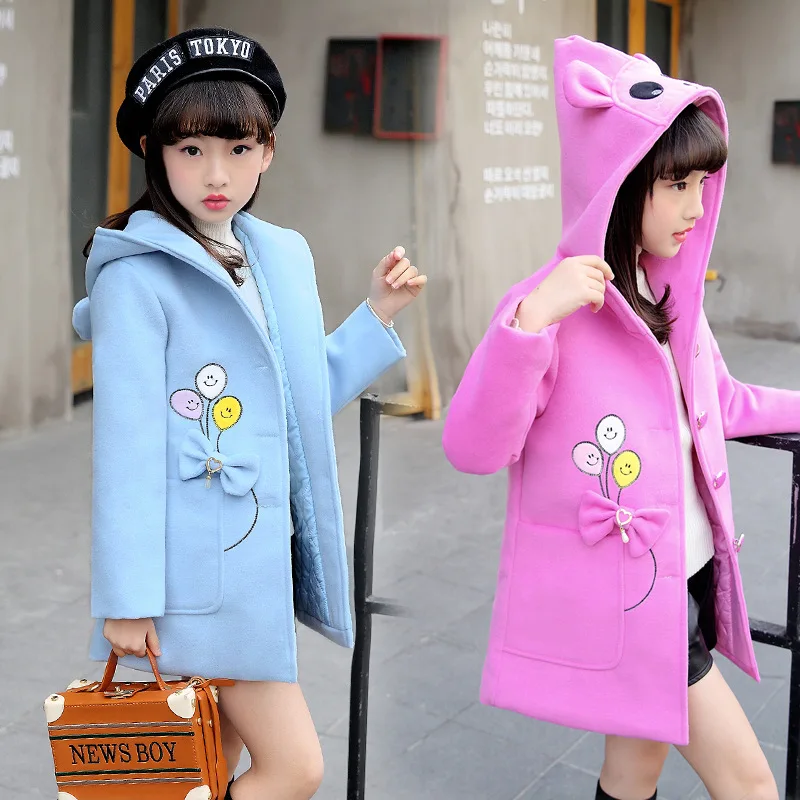 Girls woolen Coat 2019 New Fashion Hooded Cute Bow Autumn and Winter Thick Children's Woolen Rose Red Light Blue | Детская одежда и