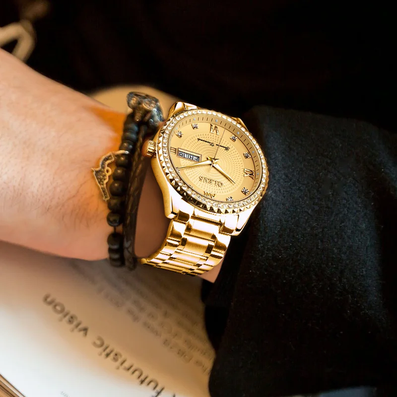2018 Топ люксовый бренд Diamond Часы Для мужчин Золотой Нержавеющая сталь кварцевые