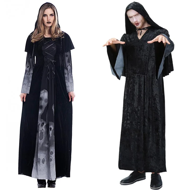 

Adult Vampire Queen Cosplay Halloween Girl Men Costume Couple Lover Skull Dress Jumpsuits Vampire Nanja Girl Boy Clothes Sets