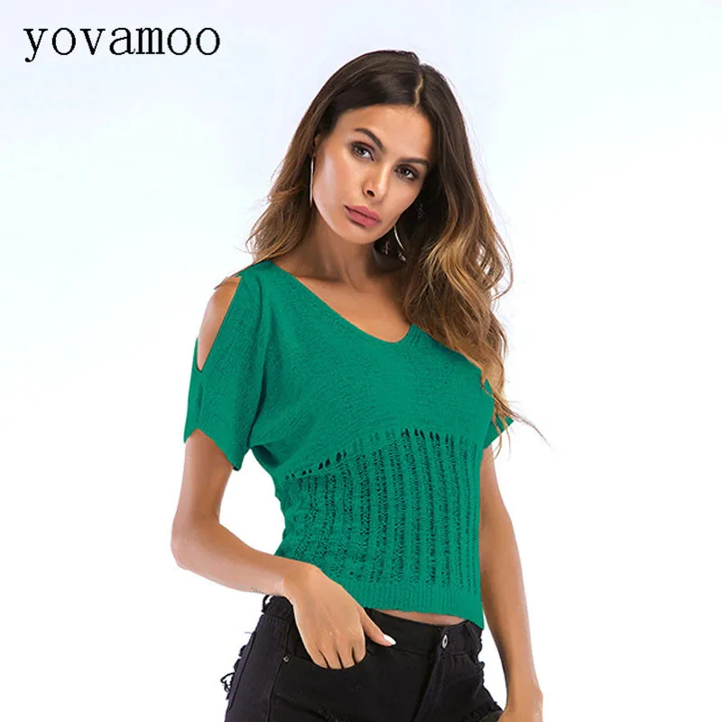 

Yovamoo 2018 Summer Ulzzang Streetwear V-neck Hollow Short Sleeve Tshirt Knitted Tops Womens Clothing Red Green Apricot Black