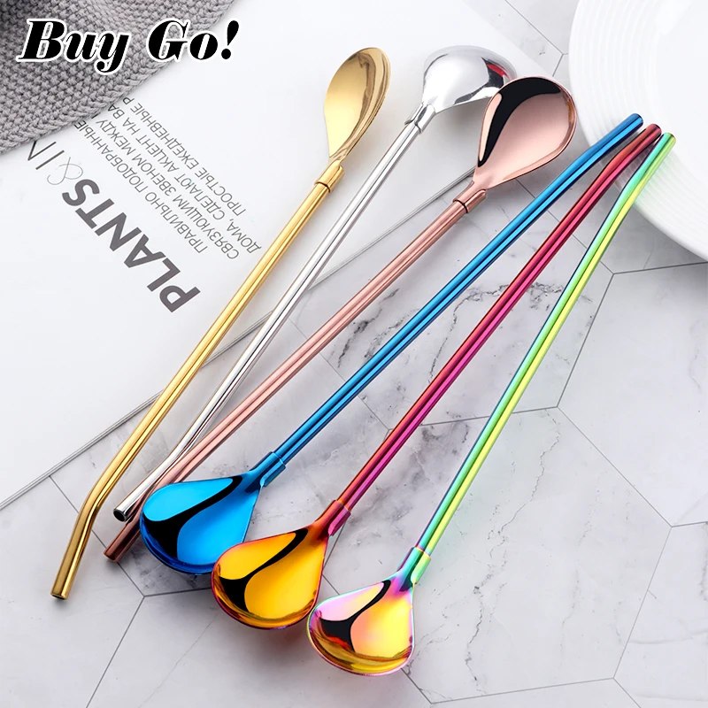 

2PCS Long Straw Spoon Small & Large Portable Tea Scoop Reusable Colored Stainless Steel Straws Cocktail Coffee Stirring Spoon