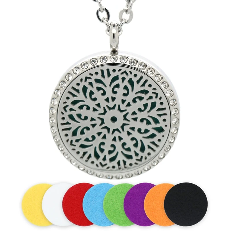 

30MM Aromatherapy Necklace Silver Magnetic Flower Stainless Steel Essential Oil Diffuser Necklace Locket Pendant With Crystal