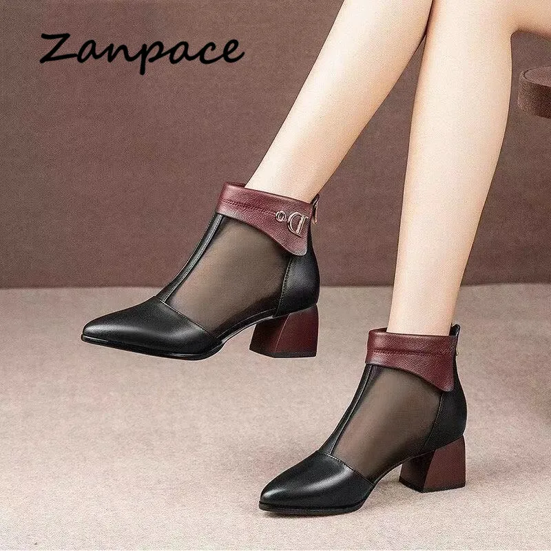 Zanpace/женские босоножки; пикантная женская обувь на высоком каблуке; сезон весна-лето; женские босоножки из сетчатого материала; обувь на блочном каблуке для офиса; ботинки на молнии