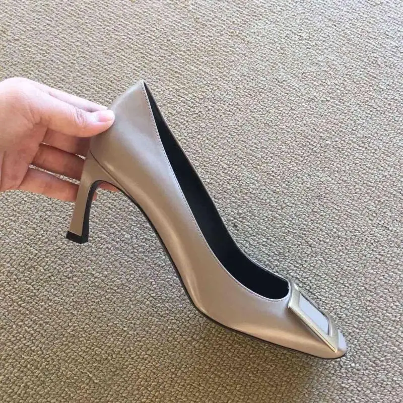 Gray-Matte Leather Туфли-лодочки; женская обувь с квадратным носком; обувь на толстом высоком каблуке; женская обувь с закрытым носком для вечеринки; Новинка года; сезон весна - Цвет: Gray-Matte Leather