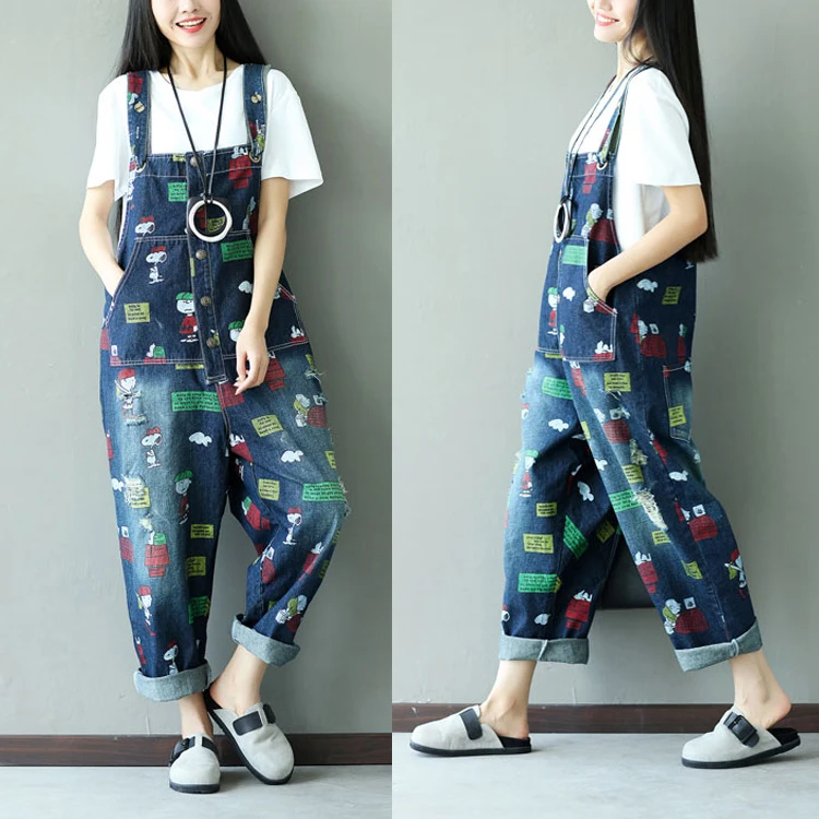 Free Shipping 2019 New Fashion Loose Plus Size Denim Bib Pants With Holes Wide Leg Pants Trousers Jumpsuit And Rompers Character