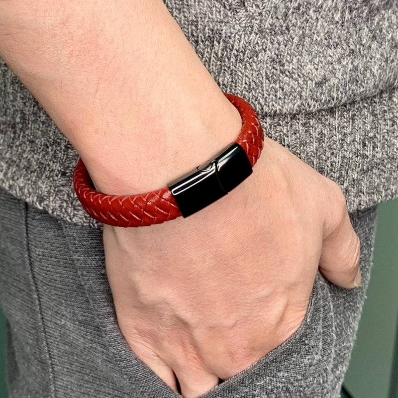 Модный красный плетеный кожаный браслет из нержавеющей стали с магнитной