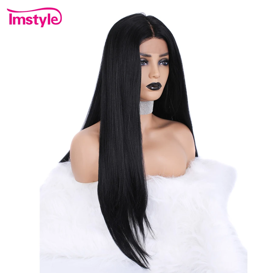 Имстильные прямые длинные черные синтетические кружевные передние парики