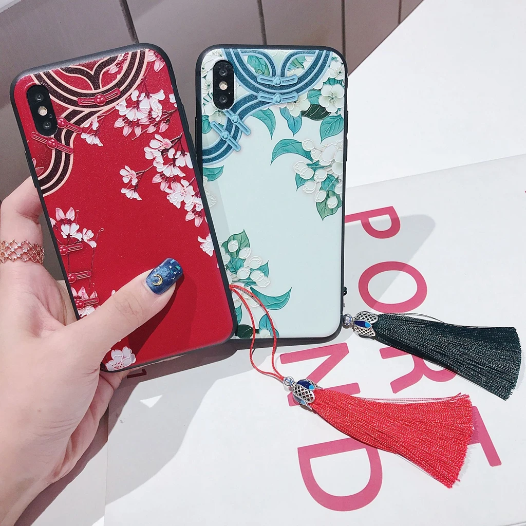 Chinese Red Tassels Phone Case For IPhone Xr 7 X 8 6 7plus Emboss Painting 6s 8plus Xs XR Cases |
