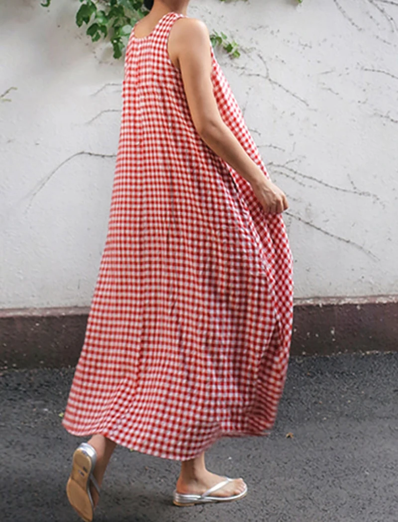 Корейский стиль летнее женское длинное платье без рукавов клетчатый женский