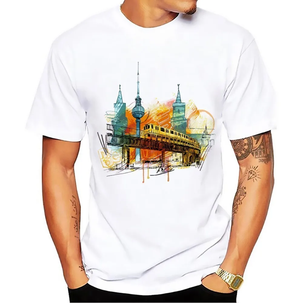 Germany Berlin city watercolor design no glue sublimation print tshirt men 2018 summer new white casual homme cool t shirt | Мужская