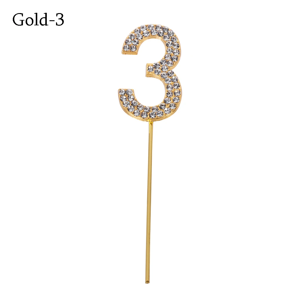 Gold-3 1 шт., топпер для торта с цифрами "0-9", золотой Шипованный бриллиант, Топпер для торта на десерт, годовщину, день рождения, украшение, свадебные принадлежности - Цвет: Gold-3