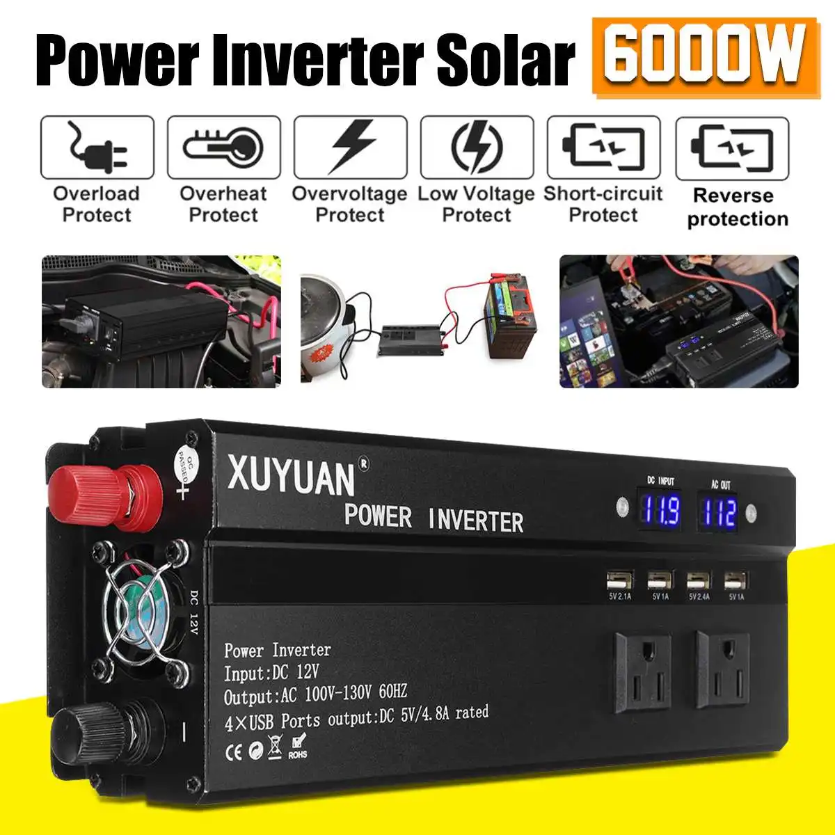 Солнечный инвертор 6000W P eak DC 12 V/24 V to AC 110 V/220 V модифицированный синусоидальный автомобильный инвертор для грузовиков