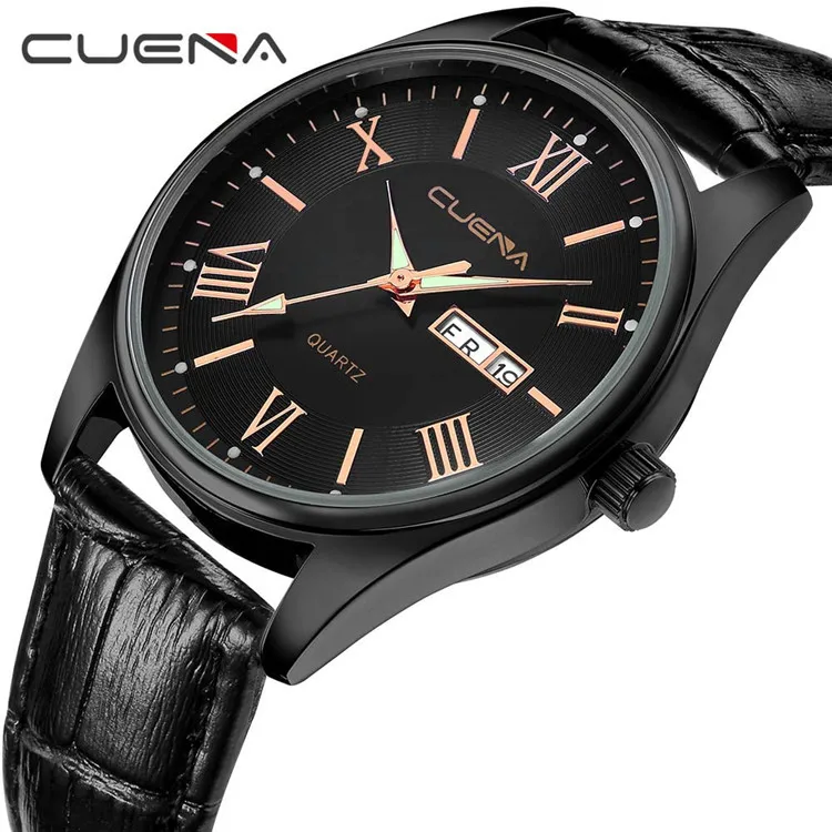 black rose CUENA, мужские кожаные часы, кварцевые часы, модные, простой дизайн, для мужчин, 30 м, водонепроницаемые, простые, с календарем, часы, relogio masculino - Цвет: black rose
