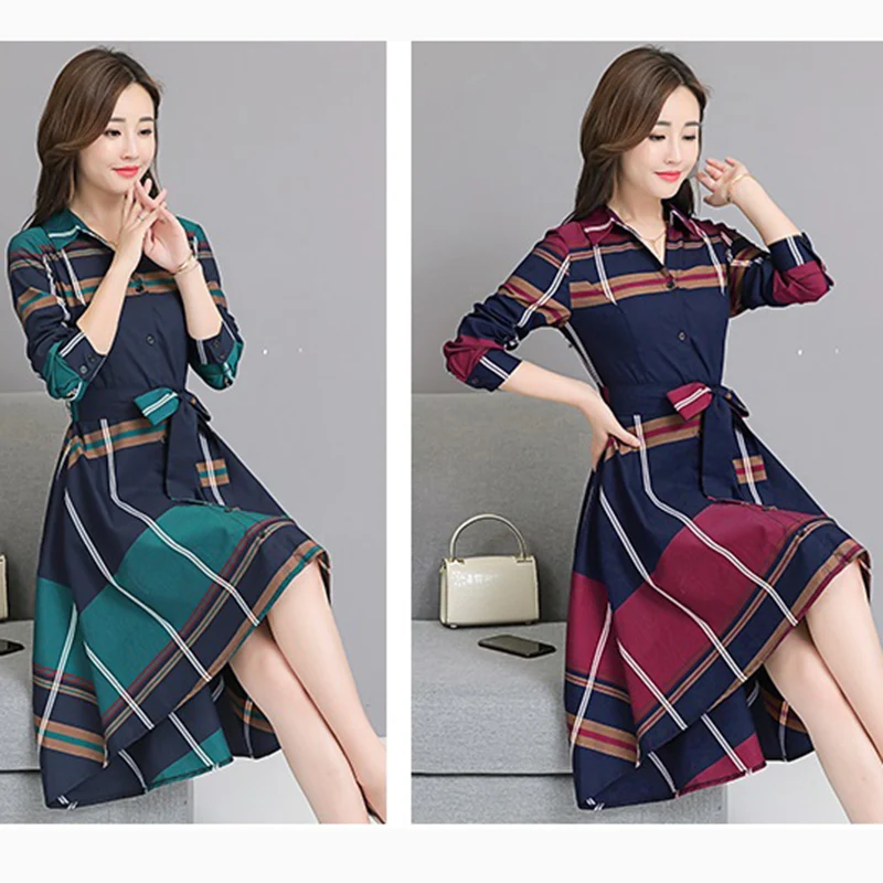 Весенне осеннее Новое Женское асимметричное платье средней длины в клетку
