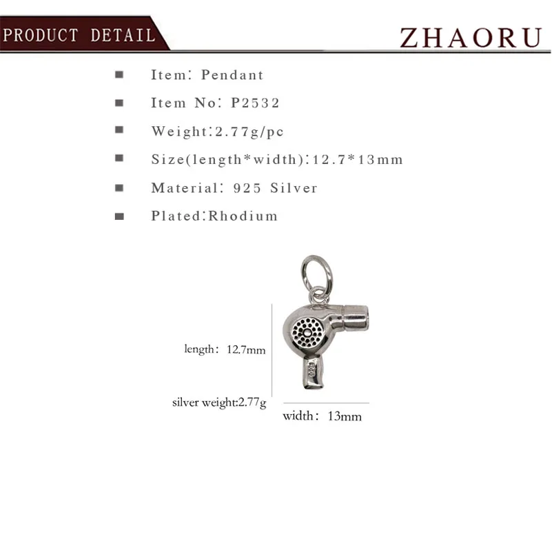 Zhaoru 925 Sterling Silver Enamal Hair dryer Pendant Charm Fit Bracelet & Bangle Necklace DIY Jewelry ZP2532 | Украшения и