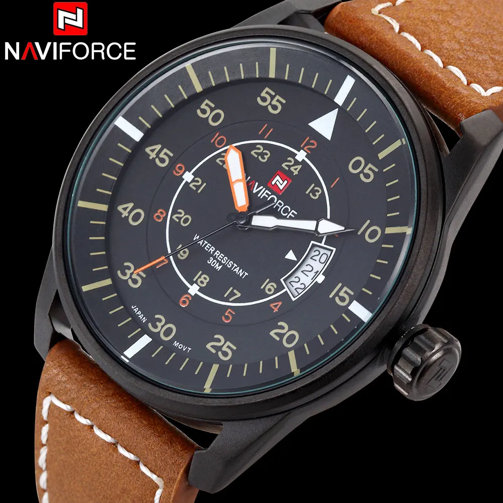 Новинка 2018 мужские кварцевые часы NAVIFORCE водонепроницаемые аналоговые Leatehr