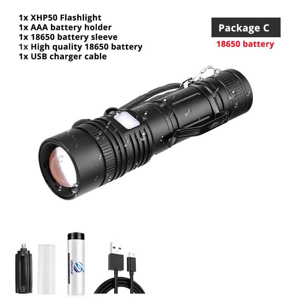 Package C(18650) Мощный светодиодный фонарь XHP50 с поддержкой зума, 5 режимов освещения, фонарь с аккумулятором 18650 или 26650 для активного отдыха - Испускаемый цвет: Package C(18650)