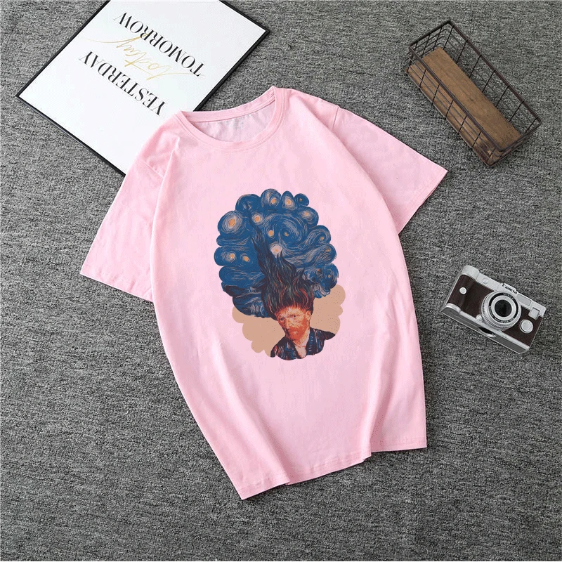 2418-Pink Летняя Новинка, Винтажная футболка в стиле Харадзюку Ван Гог Ван гогинг Ван ГОНЕ меме, забавная Эстетическая футболка, модные женские топы с милым принтом - Цвет: 2418-Pink