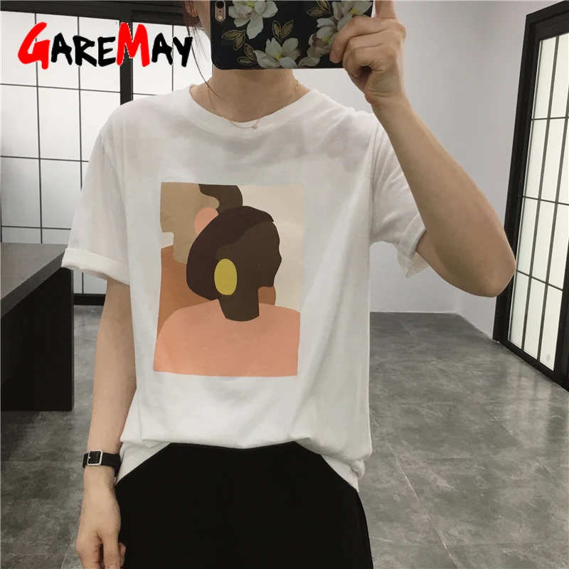 GareMay, женская футболка, летняя, новая, дикая, свободная, тонкая, круглый вырез, лицо, картина маслом, для девушек, белая, с коротким рукавом, рубашка, хлопок, ins
