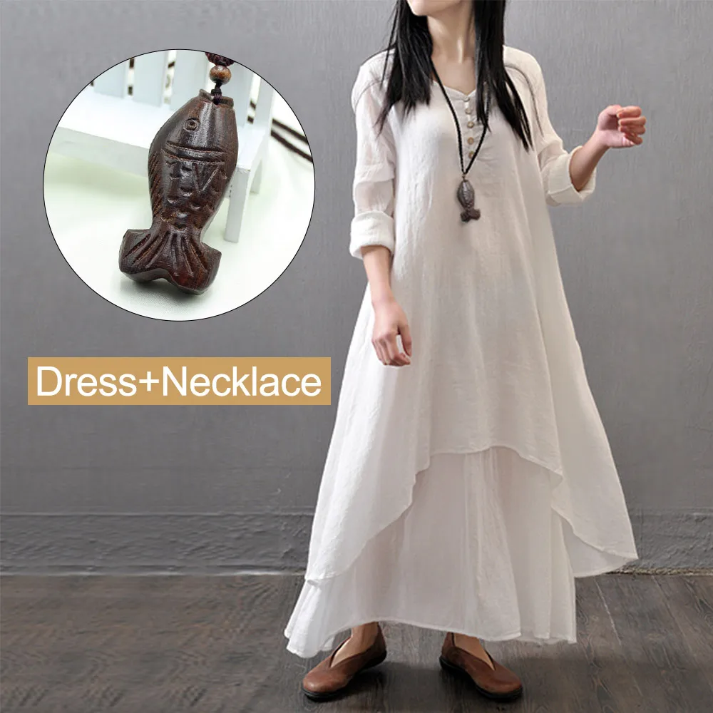 WhiteDress Necklace Весенне-летнее женское длинное хлопковое льняное платье белого размера плюс, имитация двух частей, Платье макси с круглым вырезом, офисное повседневное свободное платье - Цвет: WhiteDress Necklace