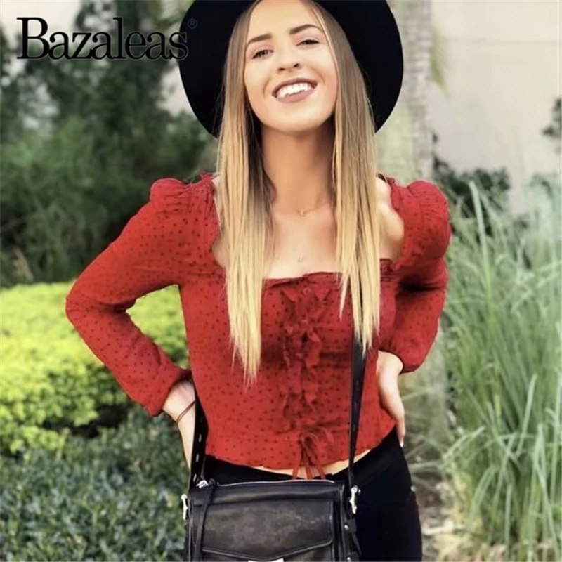 Женская шифоновая блузка с принтом в горошек Красная приталенная блуза на