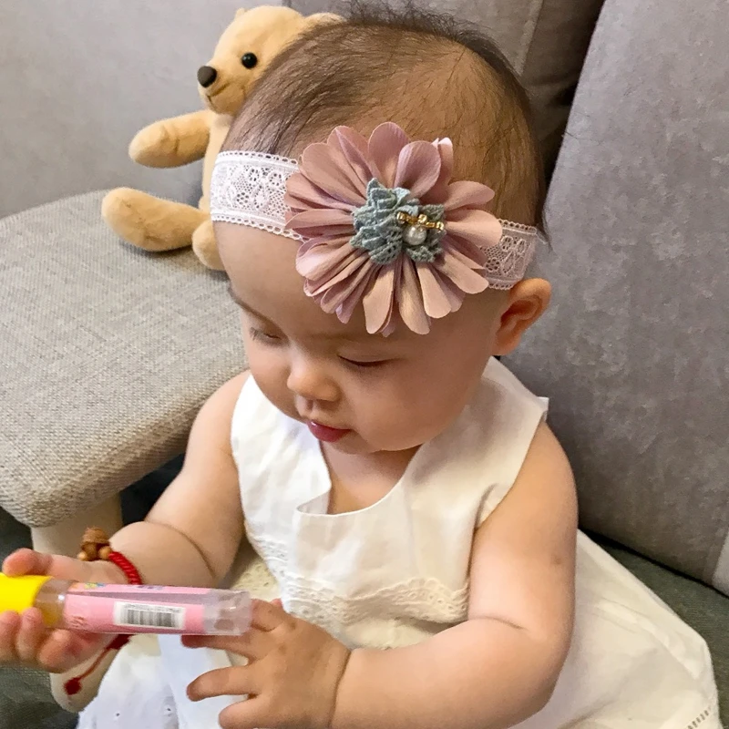 Baby Headbands Girls Big Flower Head Band Kids Lace Elastic Headwear Toddler Pearl Crown Headwrap Newborn Cute Photo Props | Детская