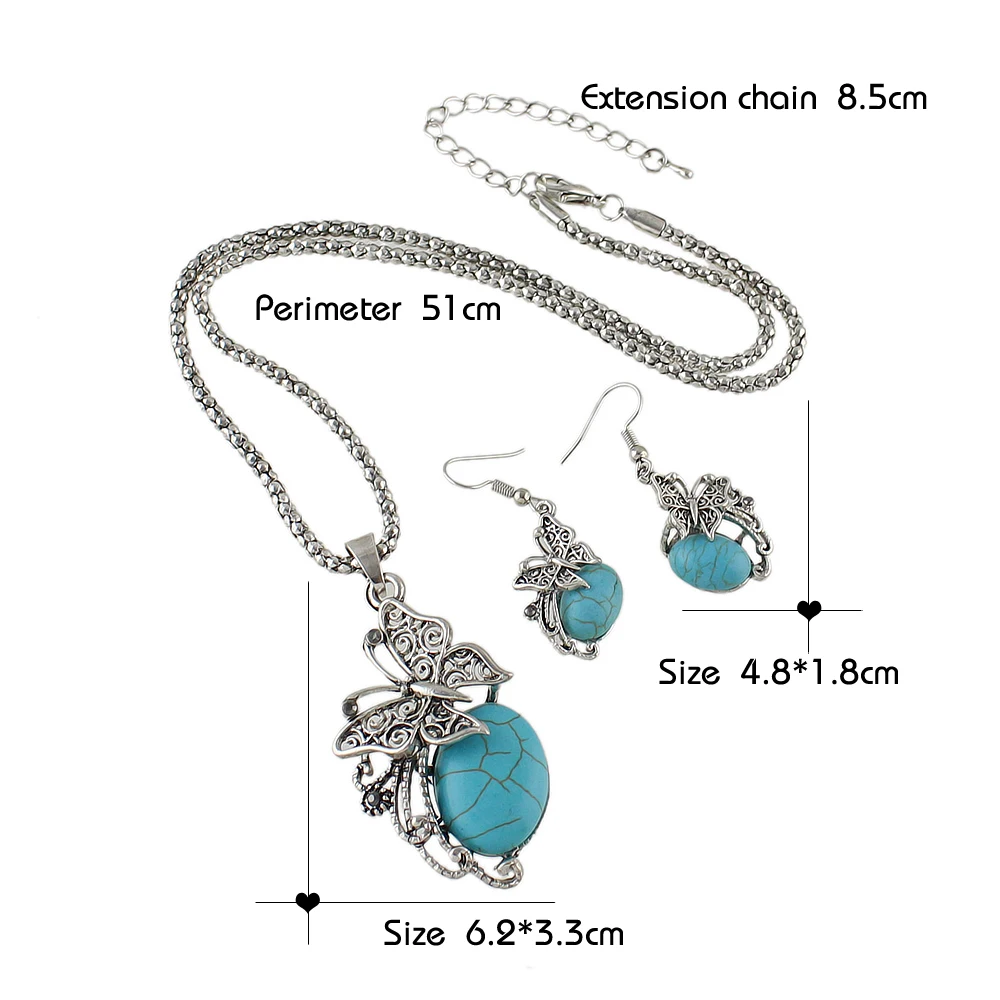 Joywish Vintage Style Ethnic Jewelry set Antique Silver Color with Blue Stone Butterfly Pendant Necklace and Drop Earrings|ethnic jewelry set|jewelry